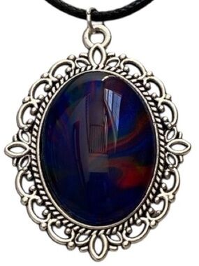 Hand Crafted Necklace Fluid Art Pendant Black Cord by Svetlana Yeung Blue Pink